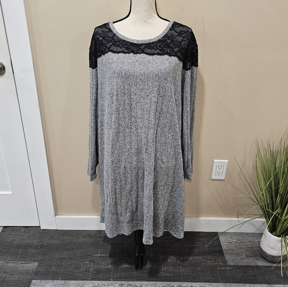 Maurices 24/7 Heathered Light Gray Lace Trim Mixer Dress - Picture 2 of 5